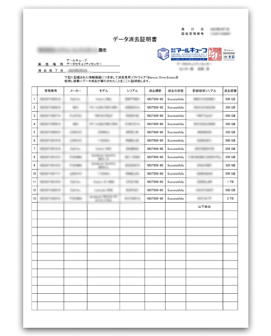 シリアルNo付き消去証明書